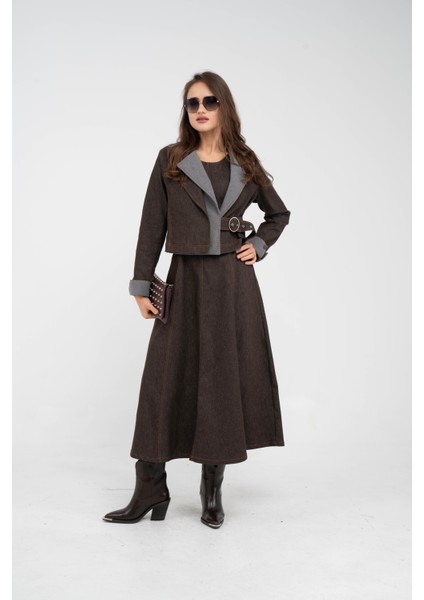 Kontrast Detaylı Kısa Ceket & Uzun Elbise Ikili Kadın Takım 9003