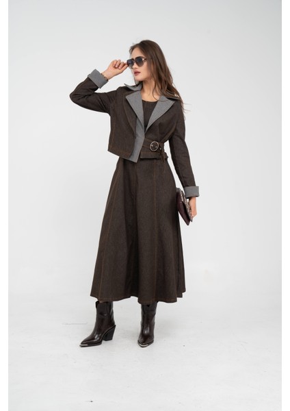 Kontrast Detaylı Kısa Ceket & Uzun Elbise Ikili Kadın Takım 9003 fiyatları