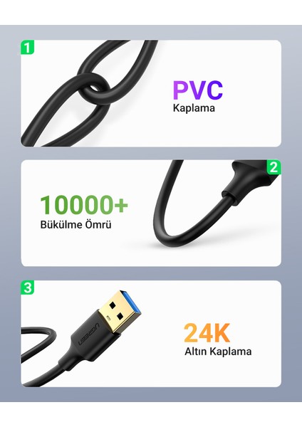 USB-A 3.0 Data Kablosu 1 Metre, Siyah, 10370