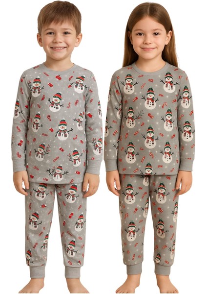 Unisex Yılbaşı Temalı Cute Kardan Adam Desenli Çocuk Pijama Takımı