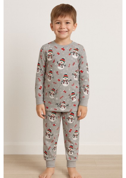 Unisex Yılbaşı Temalı Cute Kardan Adam Desenli Çocuk Pijama Takımı fiyatları