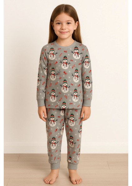 Unisex Yılbaşı Temalı Cute Kardan Adam Desenli Çocuk Pijama Takımı modelleri