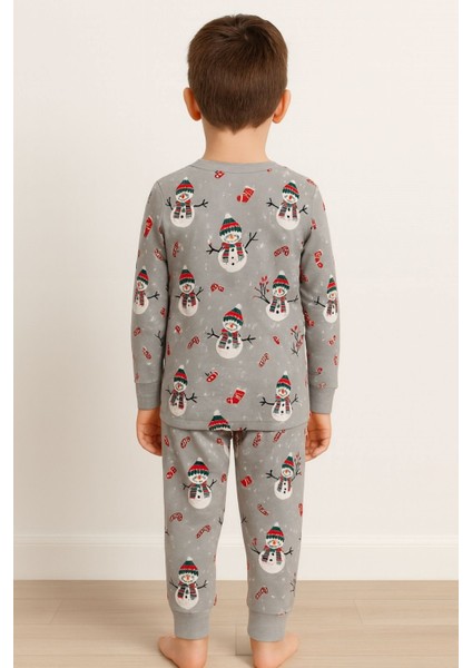 Unisex Yılbaşı Temalı Cute Kardan Adam Desenli Çocuk Pijama Takımı fırsatları