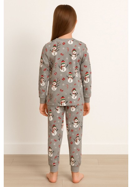 Unisex Yılbaşı Temalı Cute Kardan Adam Desenli Çocuk Pijama Takımı indirimleri