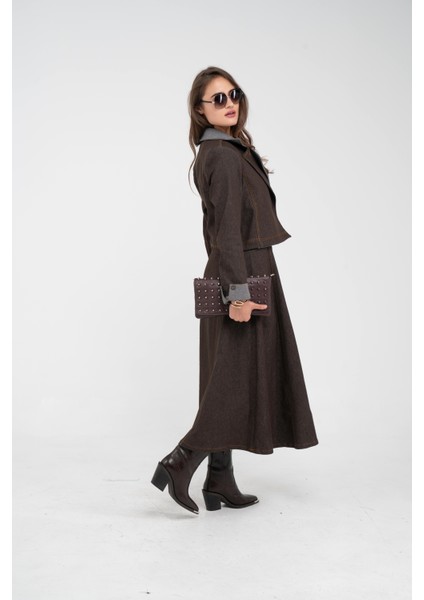 Kontrast Detaylı Kısa Ceket & Uzun Elbise Ikili Kadın Takım 9003 modelleri