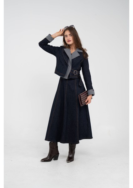 Kontrast Detaylı Kısa Ceket & Uzun Elbise Ikili Kadın Takım 9003