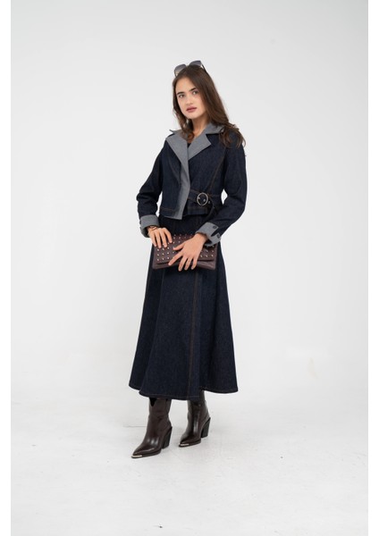 Kontrast Detaylı Kısa Ceket & Uzun Elbise Ikili Kadın Takım 9003 fırsatları