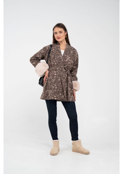 Desenli Kürk Manşet Detaylı Kuşaklı Kadın Kaban 1766