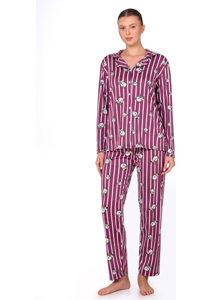 Lizbon Kumaş Mürdüm Panda Desenli Çizgili Önden Düğmeli Kadın Pijama Takımı