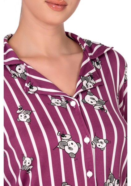 Lizbon Kumaş Mürdüm Panda Desenli Çizgili Önden Düğmeli Kadın Pijama Takımı fiyatları