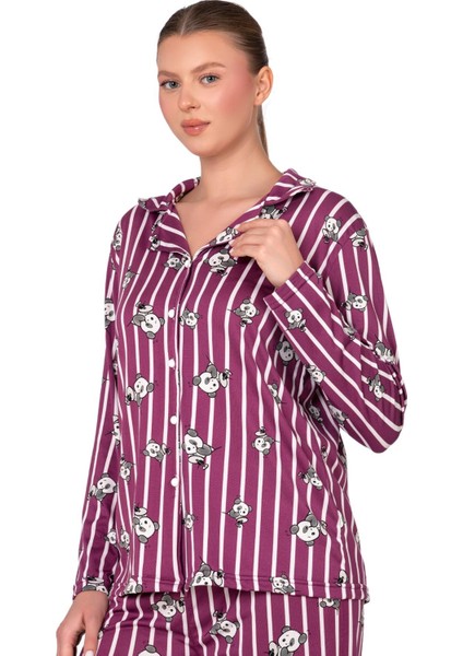 Lizbon Kumaş Mürdüm Panda Desenli Çizgili Önden Düğmeli Kadın Pijama Takımı modelleri