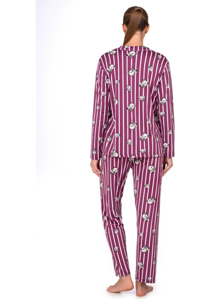 Lizbon Kumaş Mürdüm Panda Desenli Çizgili Önden Düğmeli Kadın Pijama Takımı fırsatları