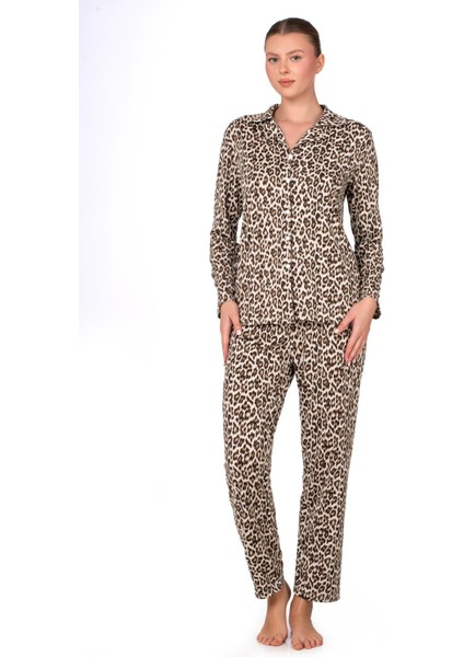 Lizbon Kumaş Leopar Desenli Içi Şardonlu Önden Düğmeli Kadın Pijama Takımı