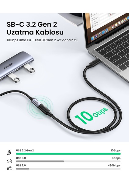 Type-C Erkek to Type-C Dişi Uzatma Kablosu 1 Metre, 10387