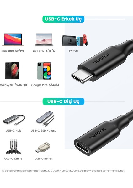 Type-C Erkek to Type-C Dişi Uzatma Kablosu 1 Metre, 10387