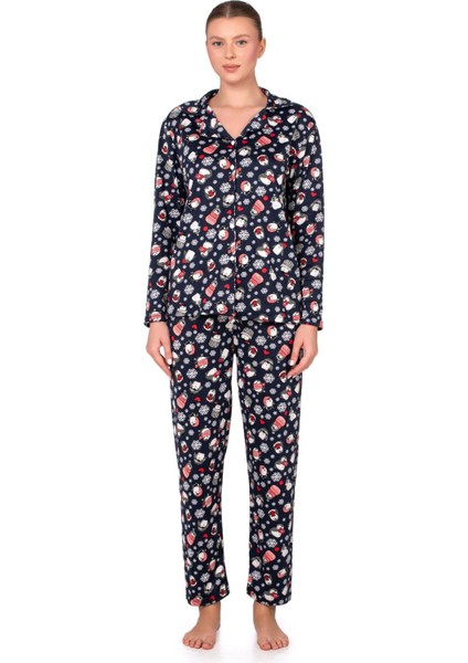 Lizbon Kumaş Içi Şardonlu Lacivert Kış Desenli Önden Düğmeli Kadın Pijama Takımı