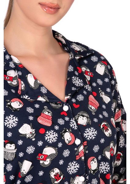 Lizbon Kumaş Içi Şardonlu Lacivert Kış Desenli Önden Düğmeli Kadın Pijama Takımı fiyatları