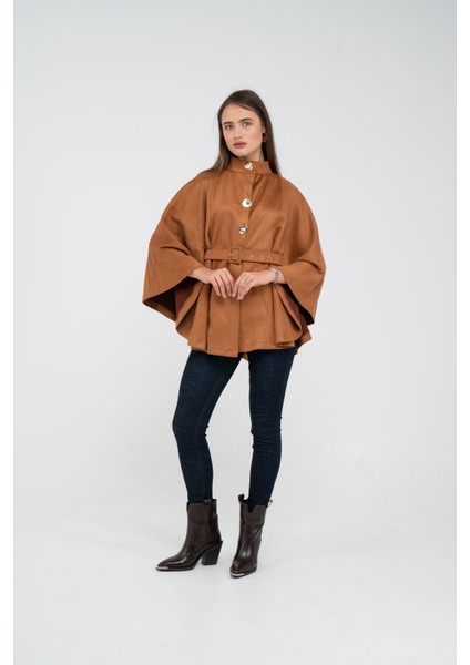 Süet Dokulu Kuşaklı Altın Düğmeli Kadın Pelerin Kap 9000