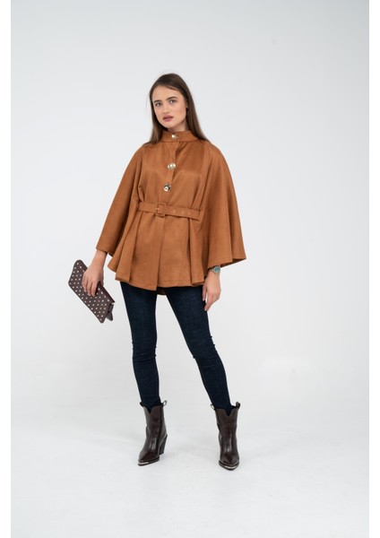 Süet Dokulu Kuşaklı Altın Düğmeli Kadın Pelerin Kap 9000 fiyatları