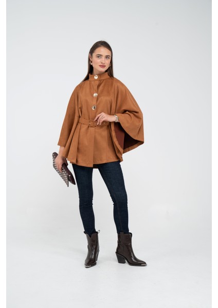 Süet Dokulu Kuşaklı Altın Düğmeli Kadın Pelerin Kap 9000 modelleri