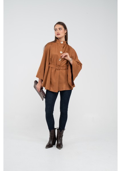 Süet Dokulu Kuşaklı Altın Düğmeli Kadın Pelerin Kap 9000 fırsatları