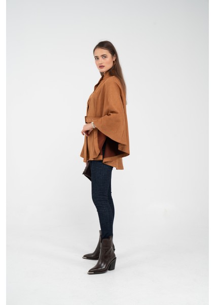 Süet Dokulu Kuşaklı Altın Düğmeli Kadın Pelerin Kap 9000 indirimleri