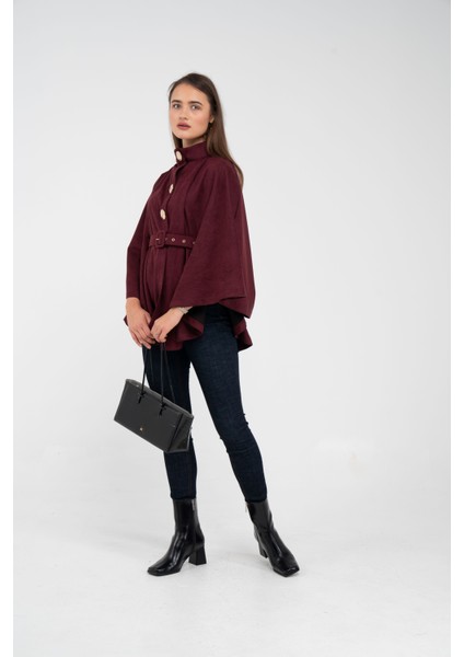 Süet Dokulu Kuşaklı Altın Düğmeli Kadın Pelerin Kap 9000