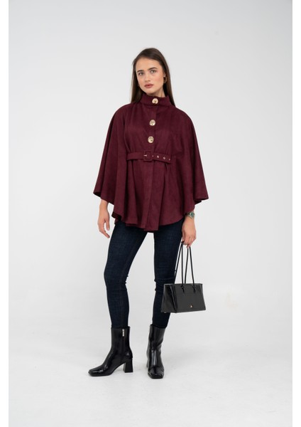 Süet Dokulu Kuşaklı Altın Düğmeli Kadın Pelerin Kap 9000 fiyatları