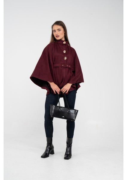 Süet Dokulu Kuşaklı Altın Düğmeli Kadın Pelerin Kap 9000 modelleri