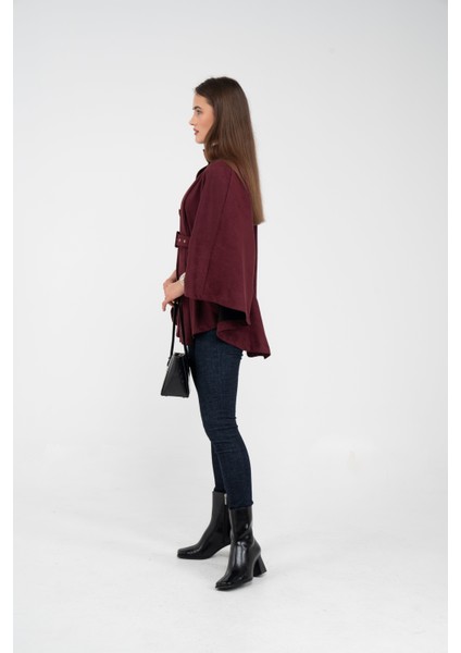 Süet Dokulu Kuşaklı Altın Düğmeli Kadın Pelerin Kap 9000 fırsatları