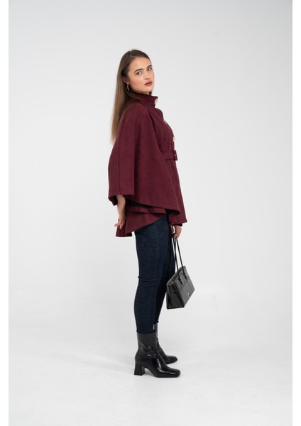 Süet Dokulu Kuşaklı Altın Düğmeli Kadın Pelerin Kap 9000 indirimleri