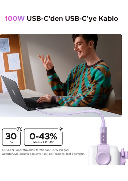 Uno Usb-C 100W 5A Qc Pd Örgülü Hızlı Şarj Kablosu, 1 Metre, Mor, 65092 indirimleri
