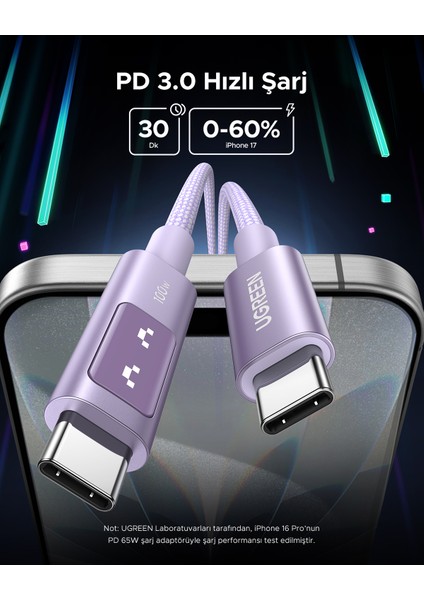 Uno Usb-C 100W 5A Qc Pd Örgülü Hızlı Şarj Kablosu, 1 Metre, Mor, 65092