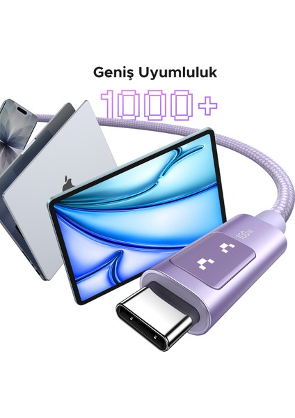 Uno Usb-C 100W 5A Qc Pd Örgülü Hızlı Şarj Kablosu, 1 Metre, Mor, 65092