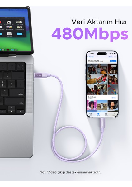 Uno Usb-C 100W 5A Qc Pd Örgülü Hızlı Şarj Kablosu, 1 Metre, Mor, 65092