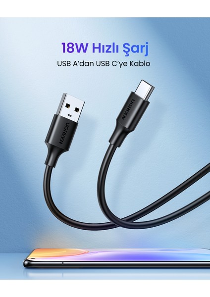USB-C to USB-A 3A QC Hızlı Şarj Kablosu, 0,25 Metre, Siyah, 60114