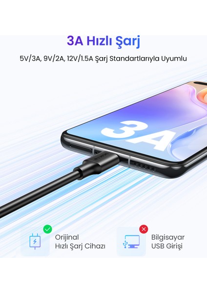 USB-C to USB-A 3A QC Hızlı Şarj Kablosu, 0,25 Metre, Siyah, 60114