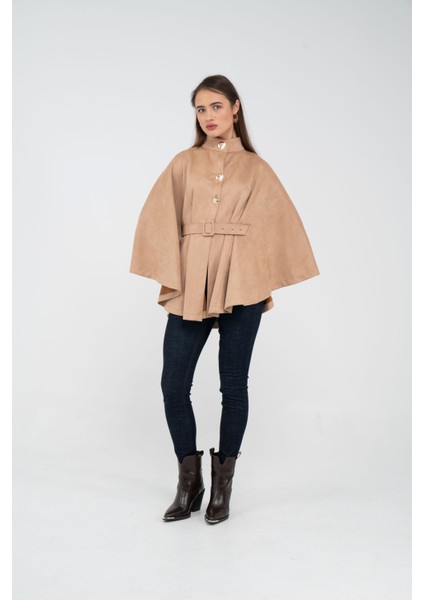 Süet Dokulu Kuşaklı Altın Düğmeli Kadın Pelerin Kap 9000