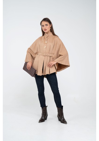 Süet Dokulu Kuşaklı Altın Düğmeli Kadın Pelerin Kap 9000 fiyatları