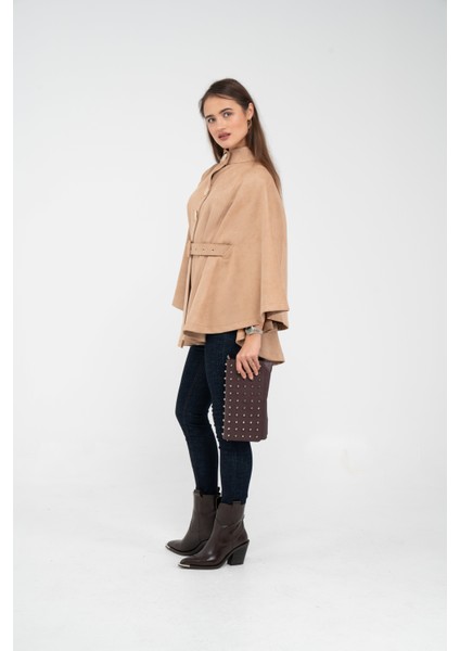 Süet Dokulu Kuşaklı Altın Düğmeli Kadın Pelerin Kap 9000 indirimleri