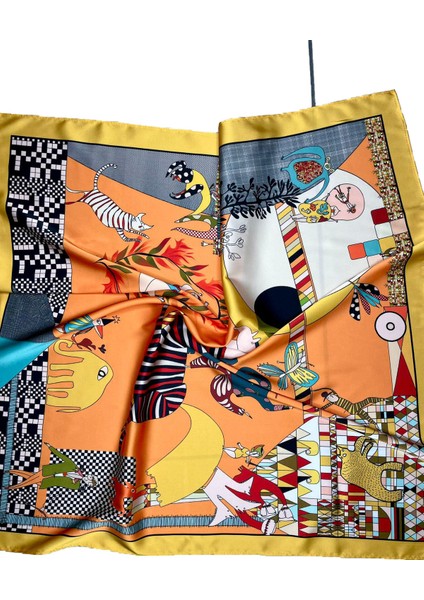 Nil Scarf Yellow/figür 70*70 cm Fular Eşarp