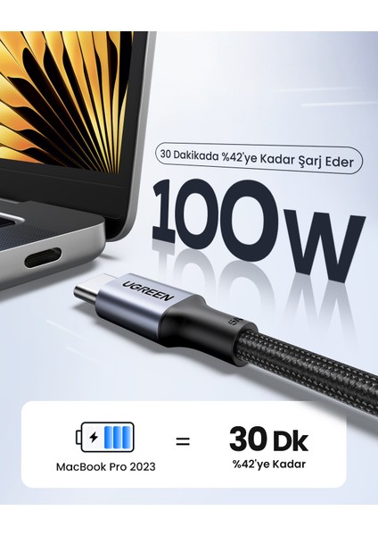 USB-C 100W 5A QC PD Örgülü Hızlı Şarj Kablosu, 1,5 Metre, Siyah, 70428