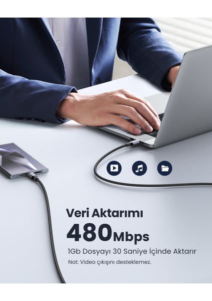 USB-C 100W 5A QC PD Örgülü Hızlı Şarj Kablosu, 1,5 Metre, Siyah, 70428