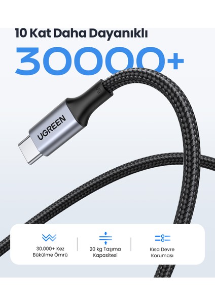 USB-C 100W 5A QC PD Örgülü Hızlı Şarj Kablosu, 1,5 Metre, Siyah, 70428