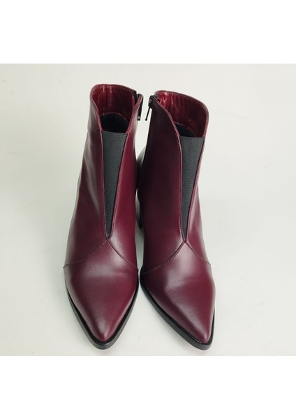 Kadın Hakiki Deri Lastik Detaylı Bordo Topuklu Bot