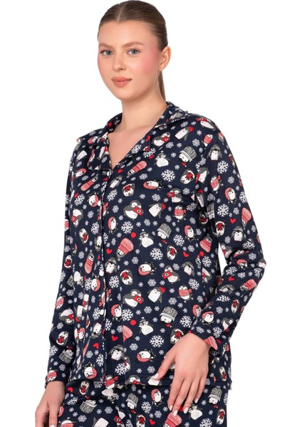 Lizbon Kumaş Içi Şardonlu Lacivert Kış Desenli Önden Düğmeli Kadın Pijama Takımı modelleri