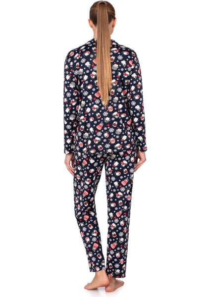 Lizbon Kumaş Içi Şardonlu Lacivert Kış Desenli Önden Düğmeli Kadın Pijama Takımı fırsatları