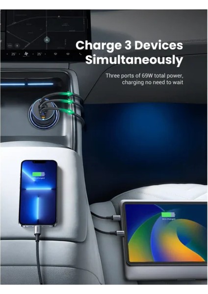 75W 3 Portlu Araç Içi Şarj Cihazı Çakmaklık Adaptörü, 35024
