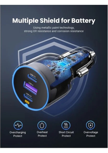 75W 3 Portlu Araç Içi Şarj Cihazı Çakmaklık Adaptörü, 35024