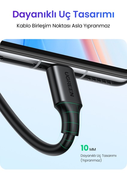 USB-C to USB-A 3A QC Hızlı Şarj Kablosu, 0,25 Metre, Siyah, 60114